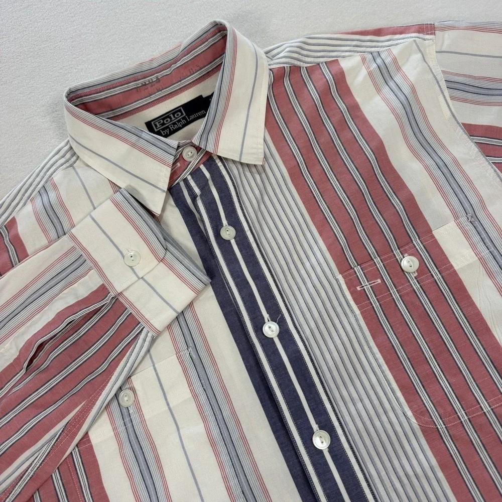 VTG Polo Ralph Lauren Trading Co. Button Up Shirt Red White Blue Striped Preppy